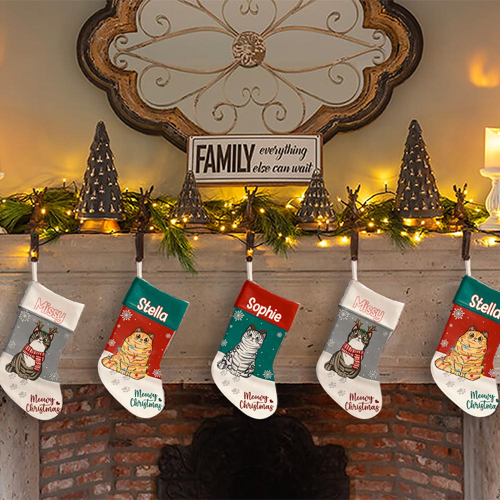 Image of Meowy Christmas 2023 Personalized Stocking, Close-up of Personalization on Meowy Christmas Stocking, Meowy Christmas Stocking hanging on a fireplace.