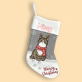 Image of Meowy Christmas 2023 Personalized Stocking, Close-up of Personalization on Meowy Christmas Stocking, Meowy Christmas Stocking hanging on a fireplace.