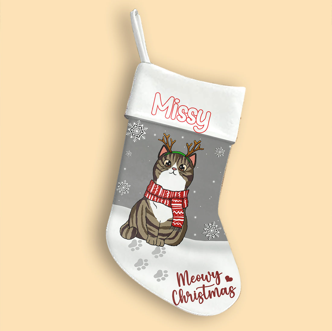 Image of Meowy Christmas 2023 Personalized Stocking, Close-up of Personalization on Meowy Christmas Stocking, Meowy Christmas Stocking hanging on a fireplace.