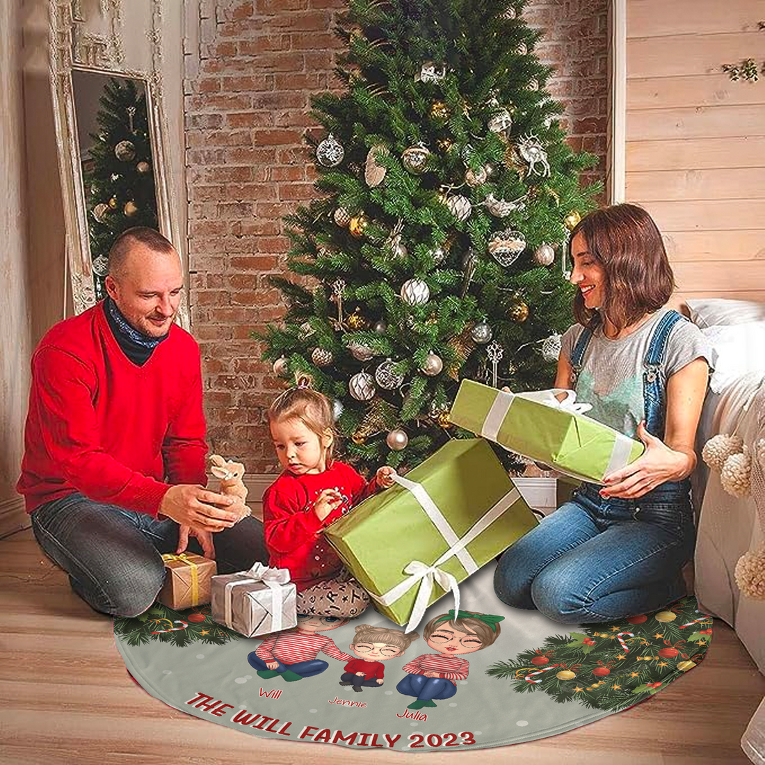 Family Gather Next To X-mas Tree Personalized Christmas Tree Skirt