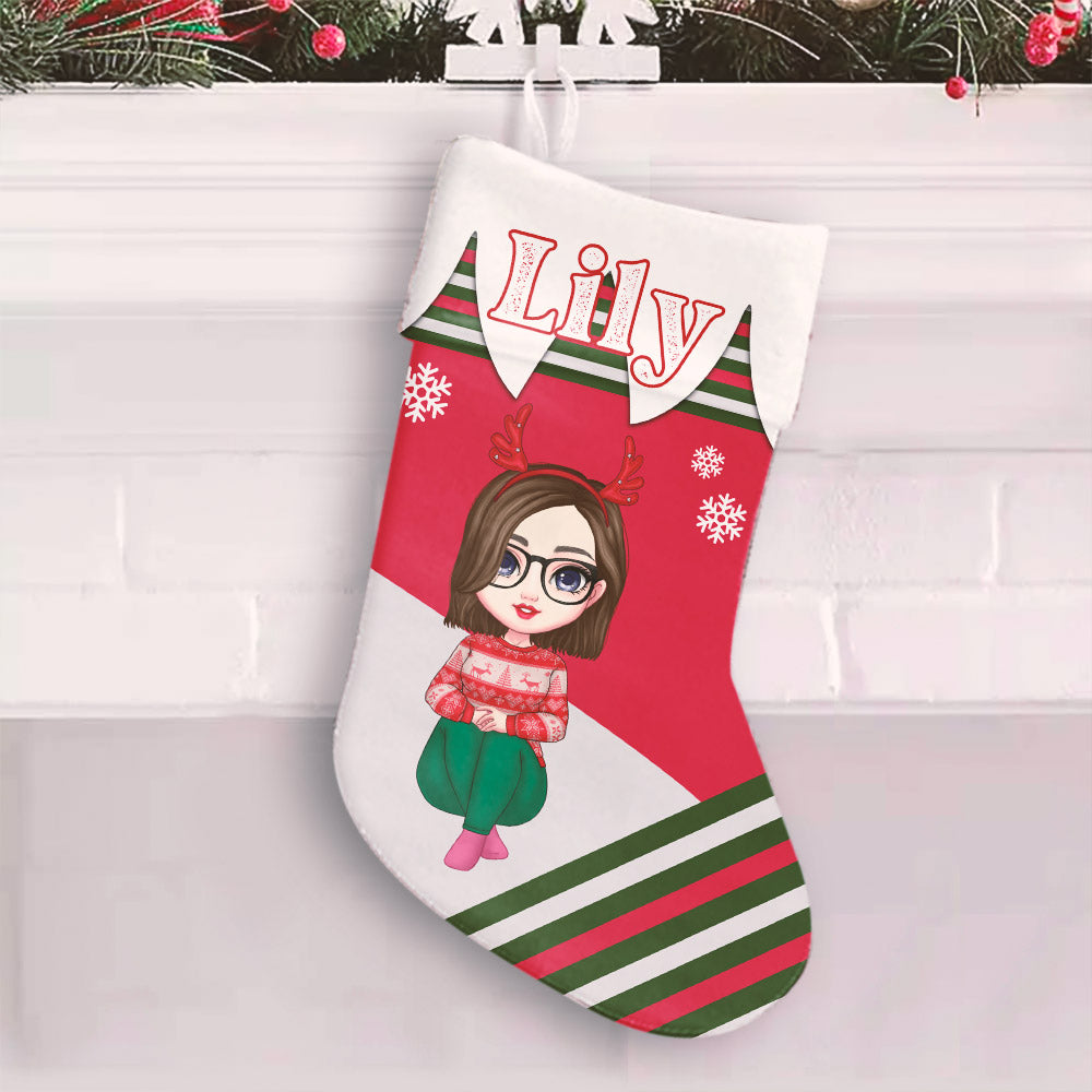Image of Custom Family Member Personalized Christmas Stocking, Close-up of personalized name on Christmas Stocking, Custom Family Stockings hanging on a fireplace