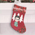 Image of Personalized Christmas Stockings 2023, Close-up of custom name on Christmas Stocking 2023, Personalized Christmas Stockings for Your Family hanging by the fireplace.