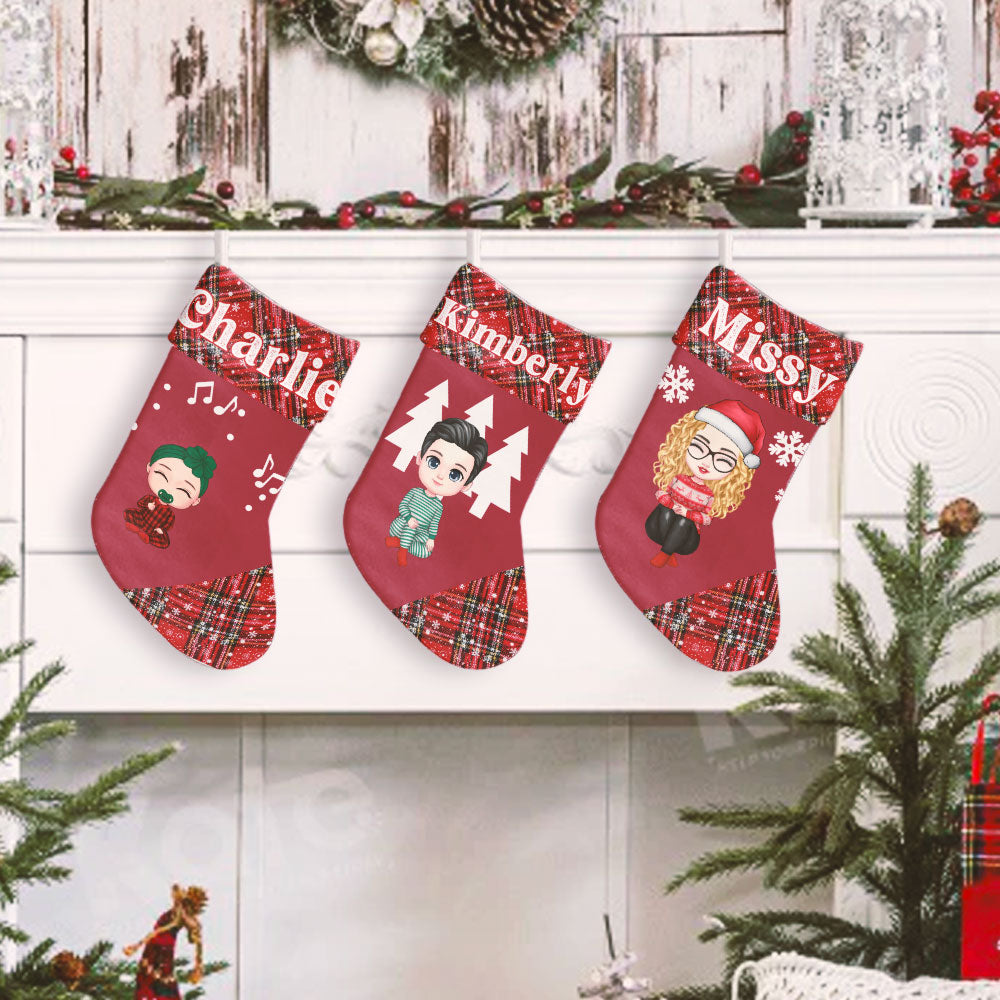 Image of Personalized Christmas Stockings 2023, Close-up of custom name on Christmas Stocking 2023, Personalized Christmas Stockings for Your Family hanging by the fireplace.