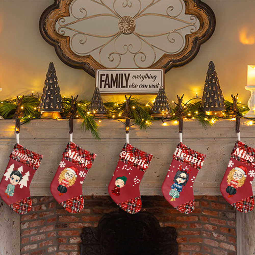 Image of Personalized Christmas Stockings 2023, Close-up of custom name on Christmas Stocking 2023, Personalized Christmas Stockings for Your Family hanging by the fireplace.