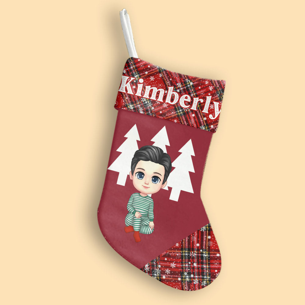 Image of Personalized Christmas Stockings 2023, Close-up of custom name on Christmas Stocking 2023, Personalized Christmas Stockings for Your Family hanging by the fireplace.