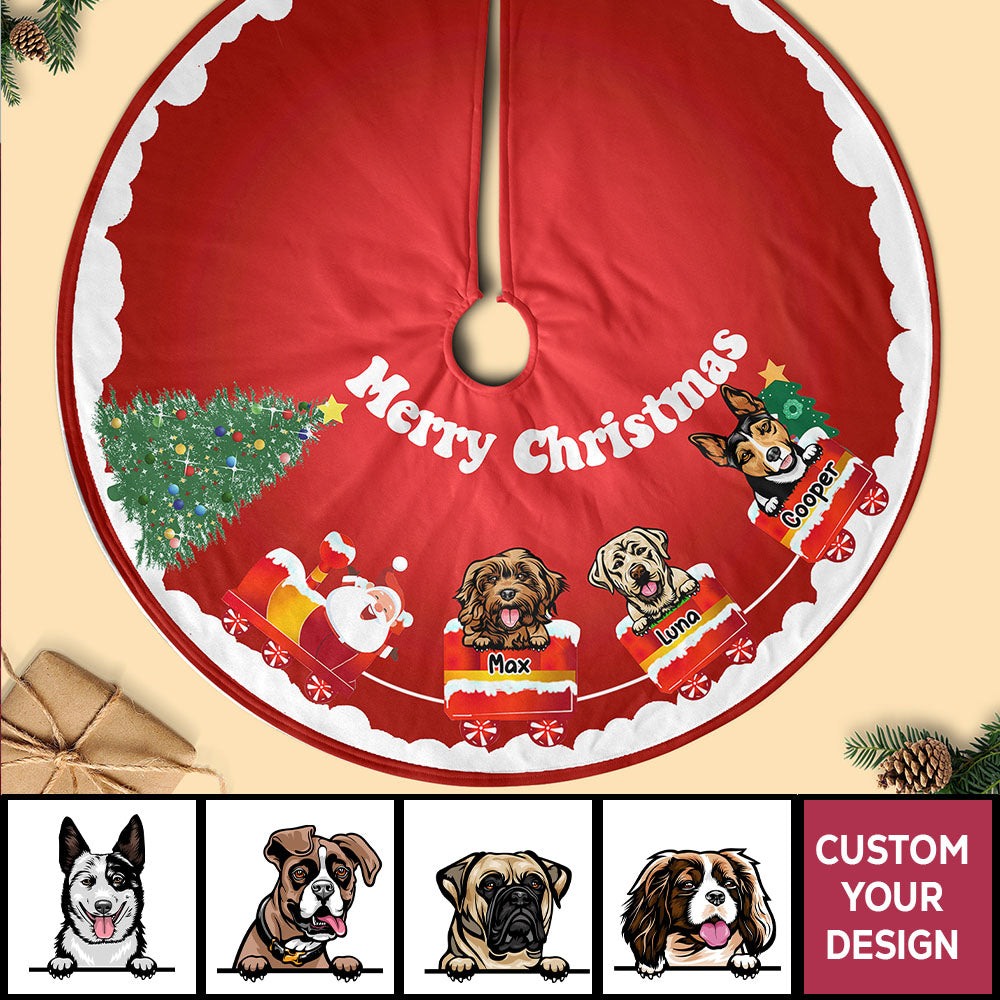 Dog-On-The-Christmas Train With Santa Personalized Christmas Pencil Tree Skirt