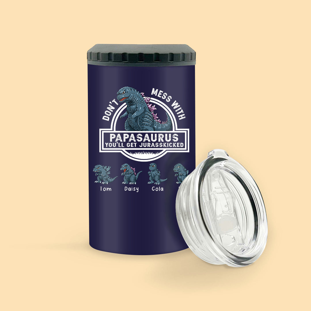 Don't Mess With Papasaurus Personalized Can Cooler Tumbler For Dad