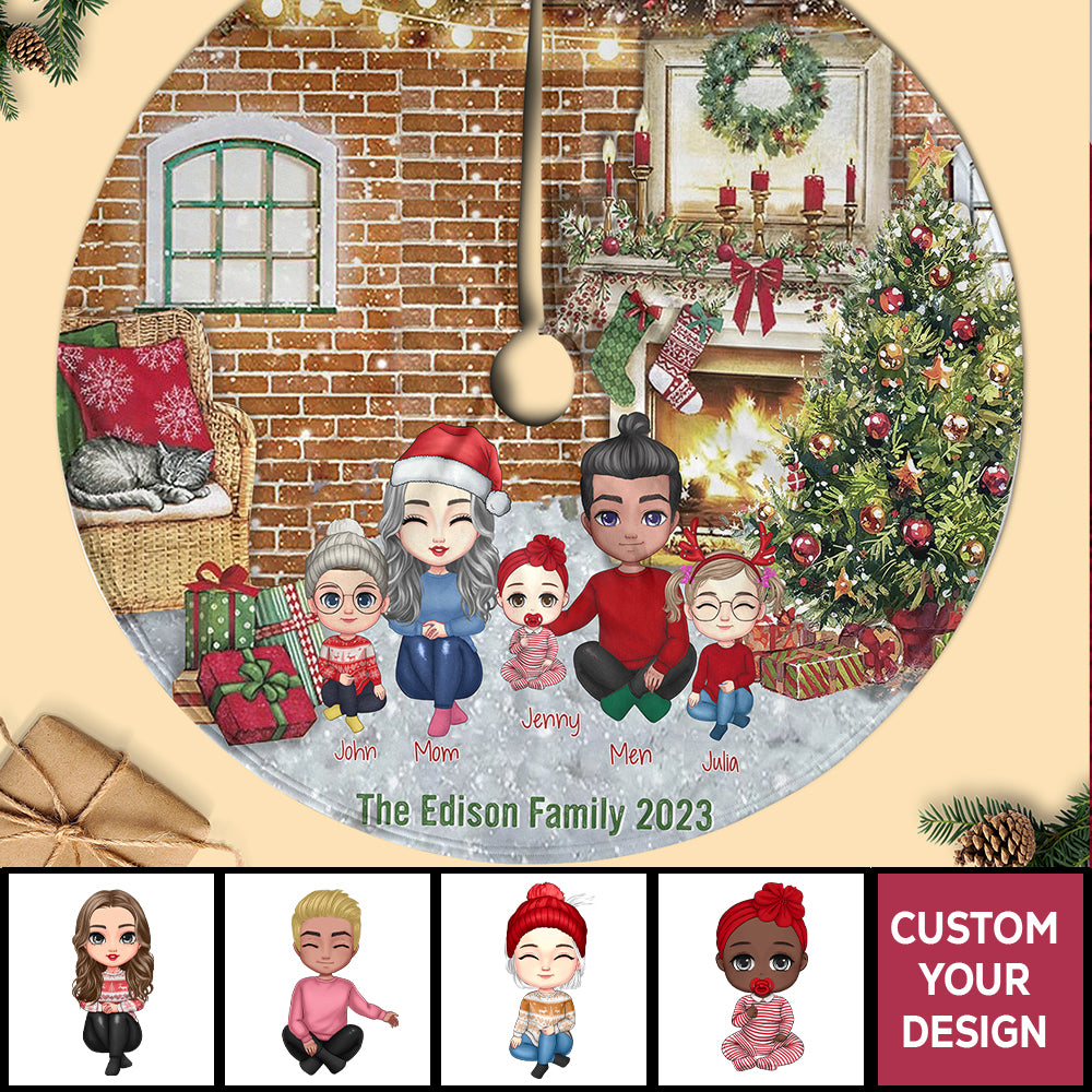 Family Gather Next To The Fireplace Personalized Christmas Tree Skirt