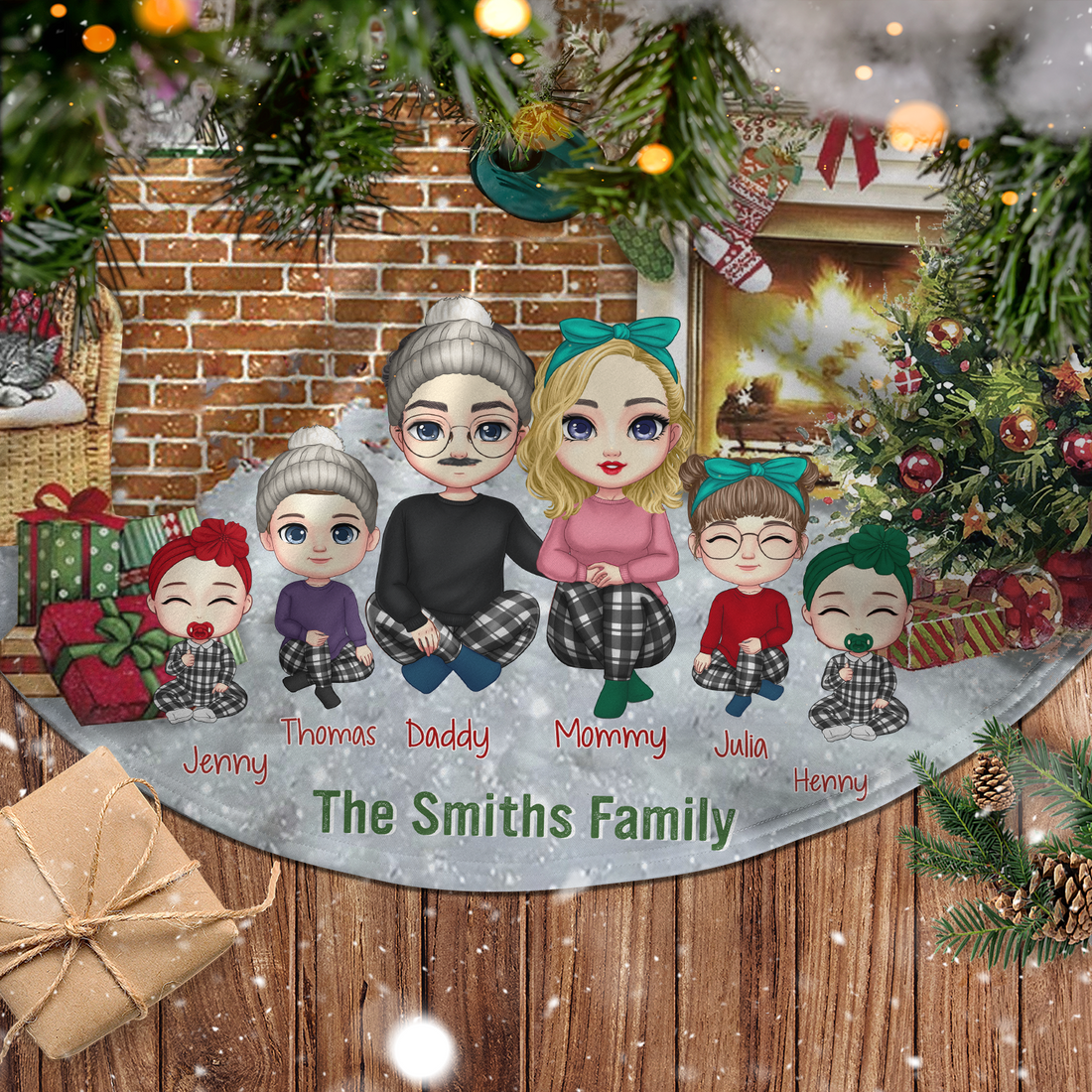  Family Gather Next To The Fireplace Personalized Christmas Pencil Tree Skirt