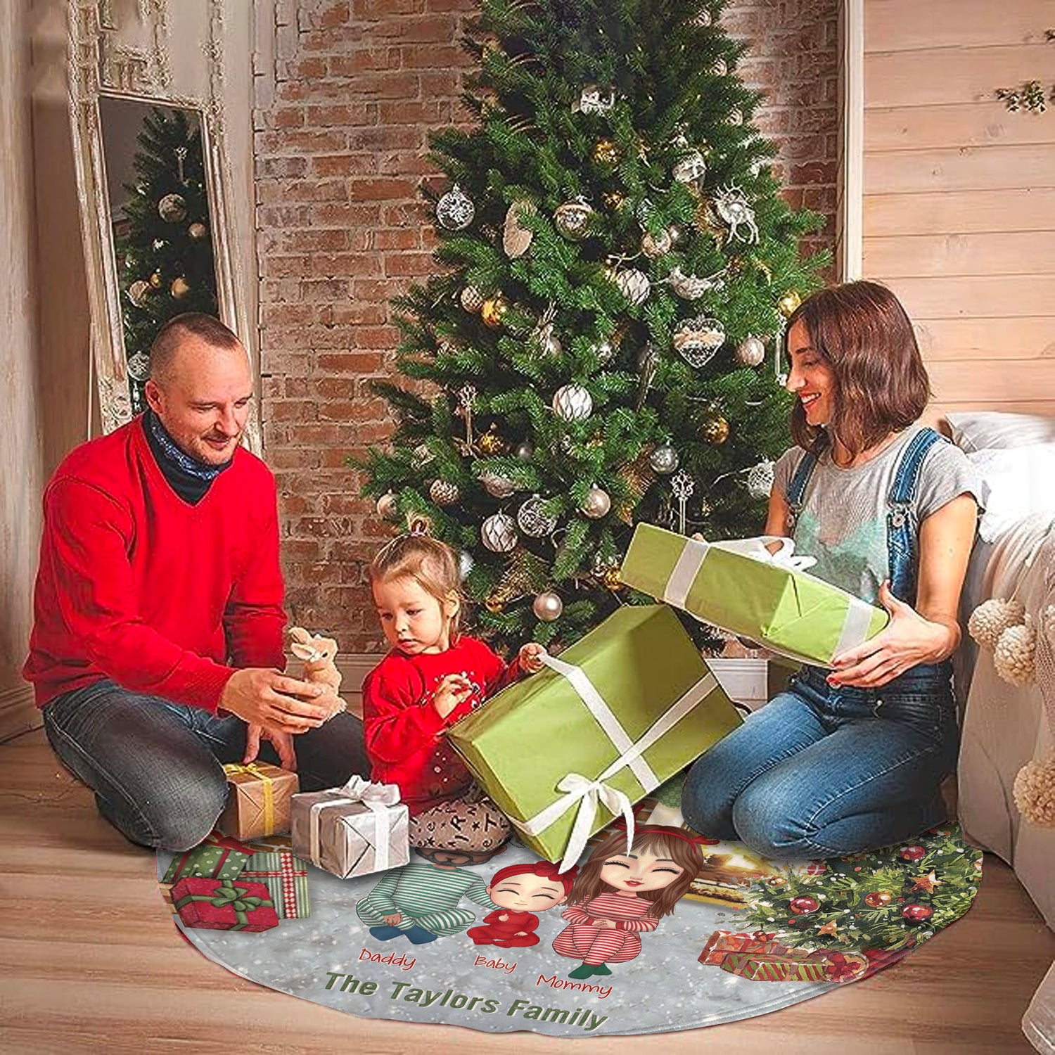 Family Gather Next To The Fireplace Personalized Christmas Tree Skirt