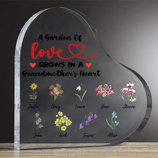 Garden Grows In Grandmother's Heart Personalized Heart Shaped Acrylic Plaque