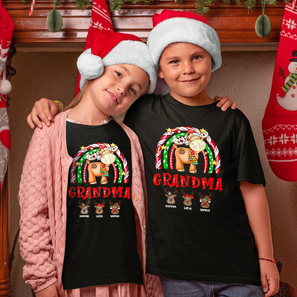 Grandma Reindeer Rainbow X-mas Personalized Matching Christmas Shirt