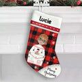 ersonalized children's Christmas stocking in red and green with embroidered name