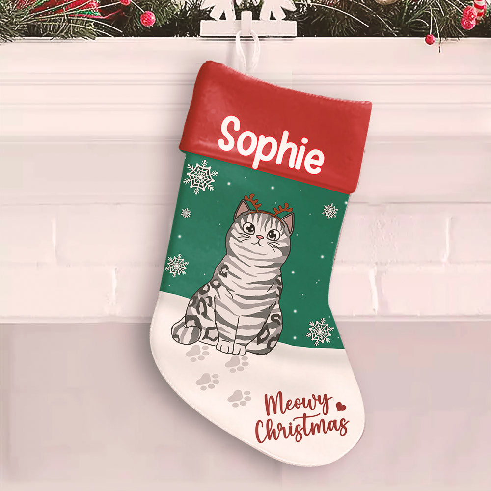 Image of Meowy Christmas 2023 Personalized Stocking, Close-up of Personalization on Meowy Christmas Stocking, Meowy Christmas Stocking hanging on a fireplace.