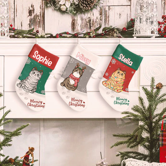 Image of Meowy Christmas 2023 Personalized Stocking, Close-up of Personalization on Meowy Christmas Stocking, Meowy Christmas Stocking hanging on a fireplace.