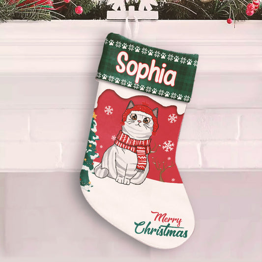 Image of Personalized Cat Christmas Stockings, Close-up of custom name on Cat Christmas Stocking, Personalized Cat Christmas Stockings hanging by the fireplace