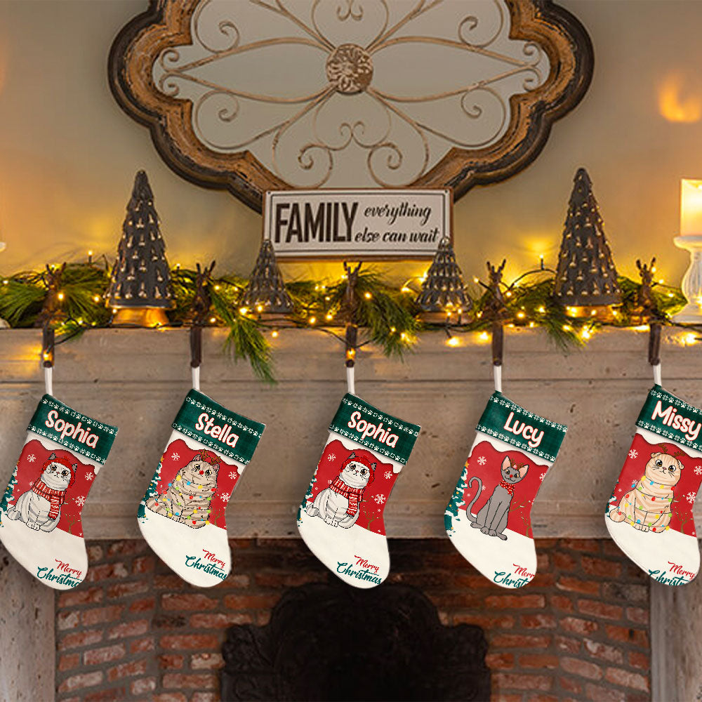Image of Personalized Cat Christmas Stockings, Close-up of custom name on Cat Christmas Stocking, Personalized Cat Christmas Stockings hanging by the fireplace
