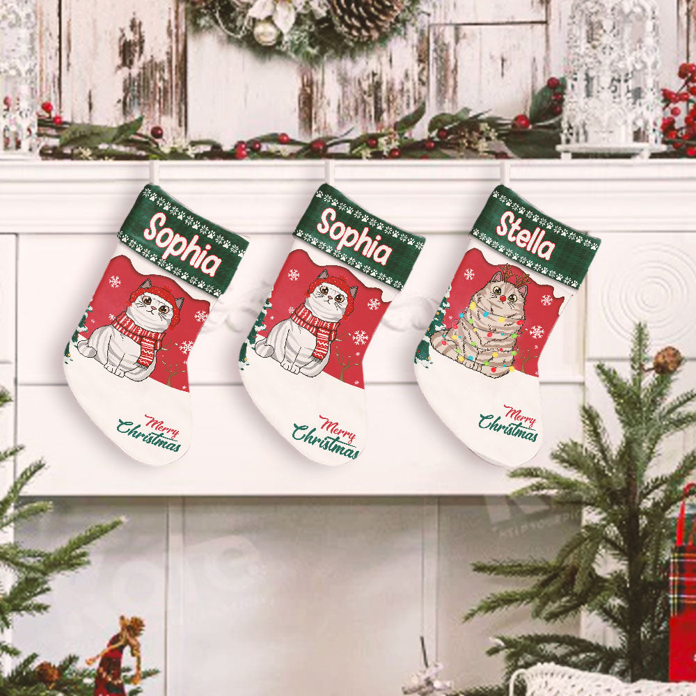 Image of Personalized Cat Christmas Stockings, Close-up of custom name on Cat Christmas Stocking, Personalized Cat Christmas Stockings hanging by the fireplace
