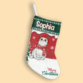 Image of Personalized Cat Christmas Stockings, Close-up of custom name on Cat Christmas Stocking, Personalized Cat Christmas Stockings hanging by the fireplace
