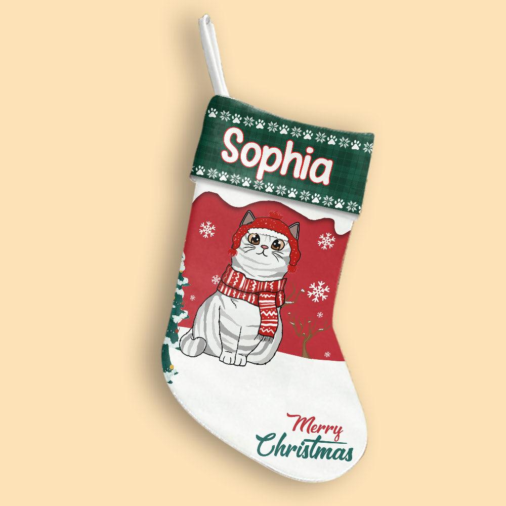 Image of Personalized Cat Christmas Stockings, Close-up of custom name on Cat Christmas Stocking, Personalized Cat Christmas Stockings hanging by the fireplace