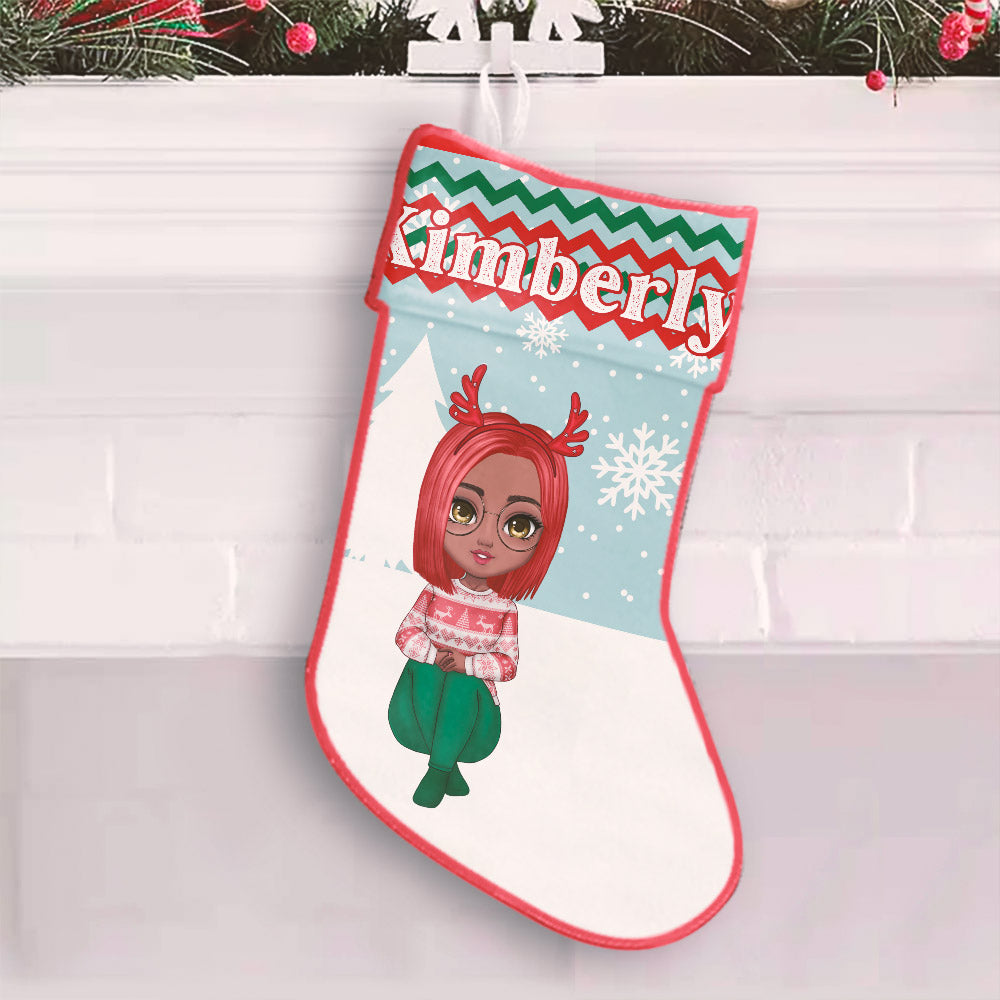 Image of Personalized Christmas Stockings 2023, Close-up of custom name on Christmas Stocking 2023, Personalized Christmas Stockings for Your Family hanging by the fireplace.