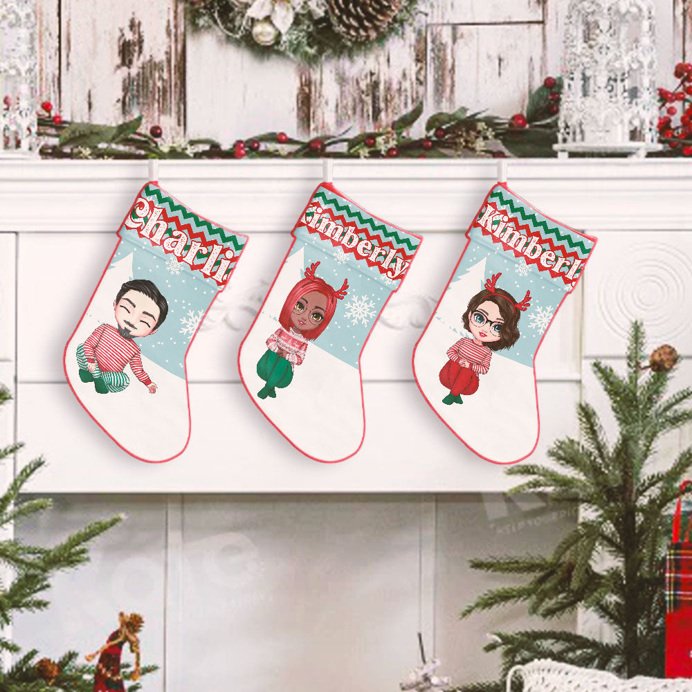 Image of Personalized Christmas Stockings 2023, Close-up of custom name on Christmas Stocking 2023, Personalized Christmas Stockings for Your Family hanging by the fireplace.