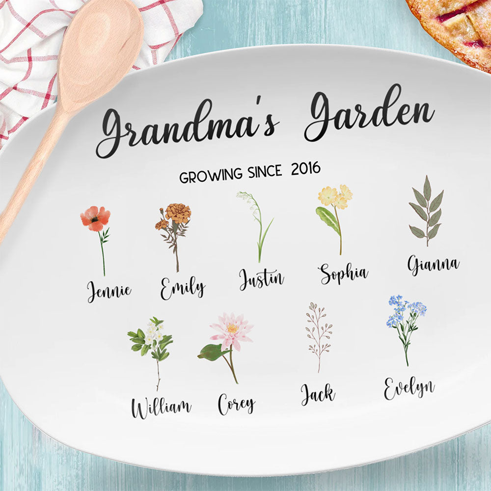 Personalized Grandma's Garden Plate Birth Month Flower Platter With Grandchildren Names Mother's Day Gift For Grandma