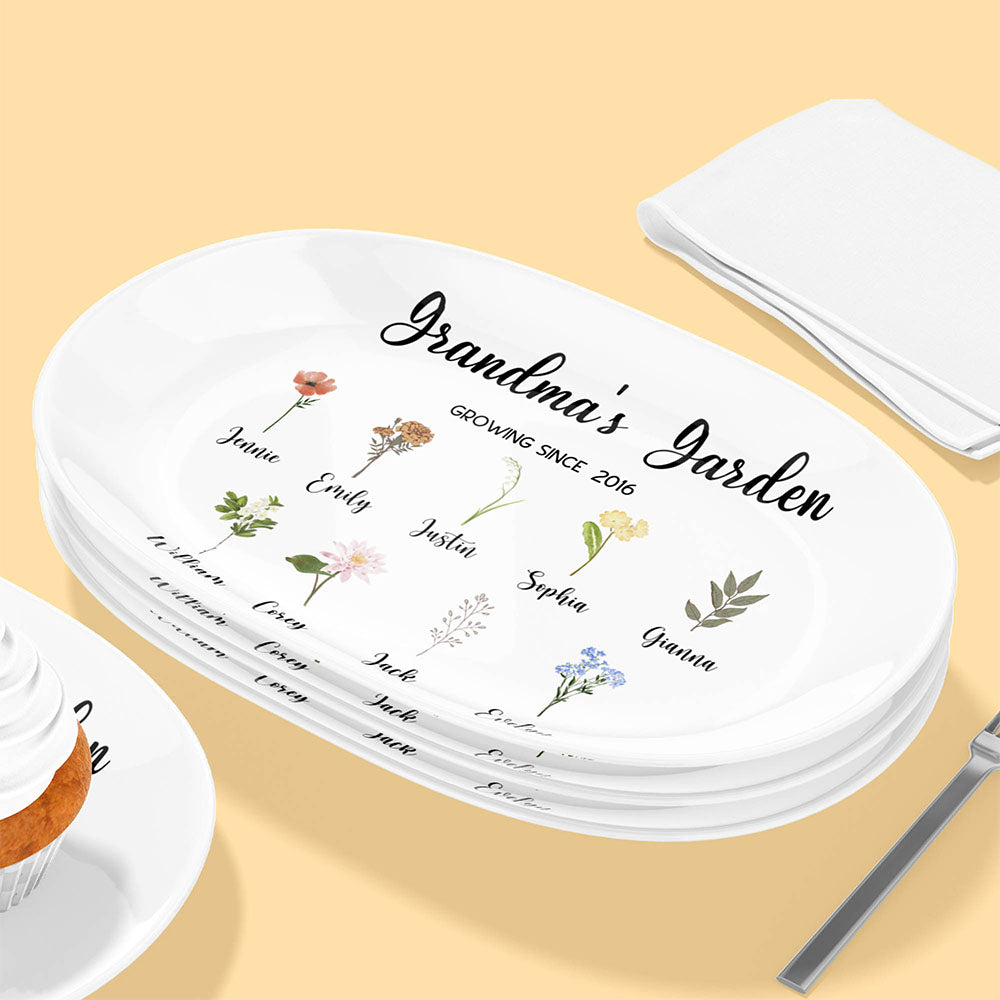 Personalized Grandma's Garden Plate Birth Month Flower Platter With Grandchildren Names Mother's Day Gift For Grandma