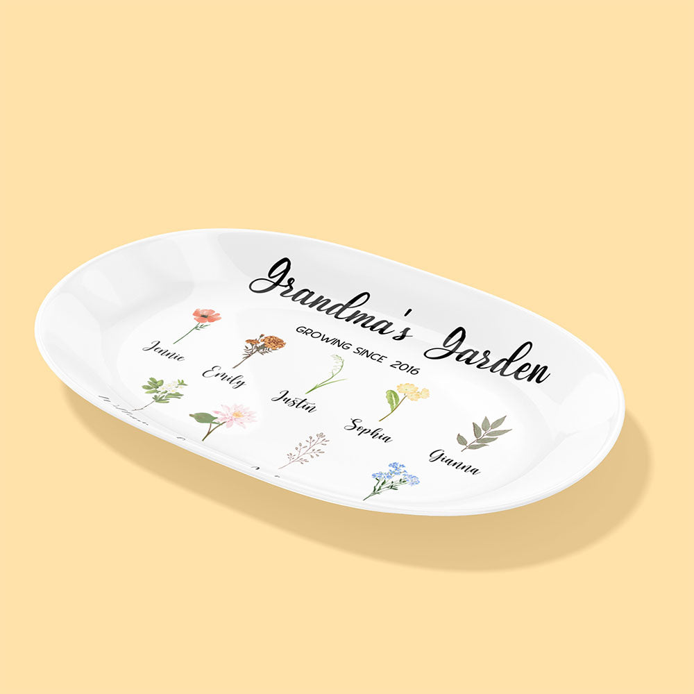 Personalized Grandma's Garden Plate Birth Month Flower Platter With Grandchildren Names Mother's Day Gift For Grandma