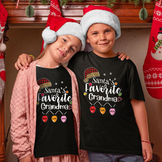 Santa's Favorite Grandma Christmas Light Personalized Matching Family Shirt