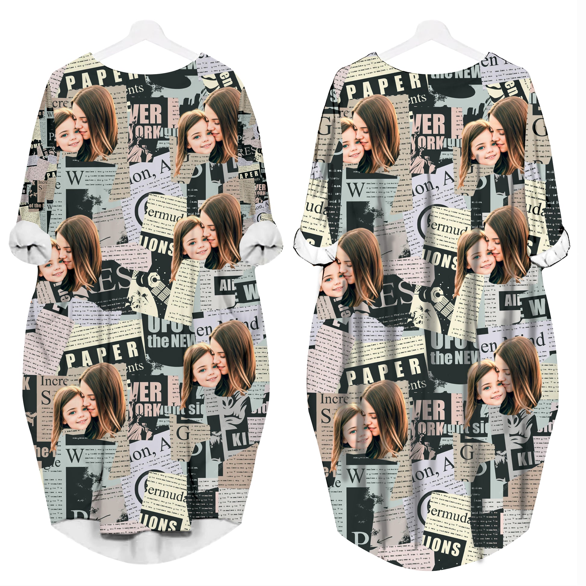 Custom Face Funny Photo For Mum And Daughter - Personalized Batwing Pocket Dress
