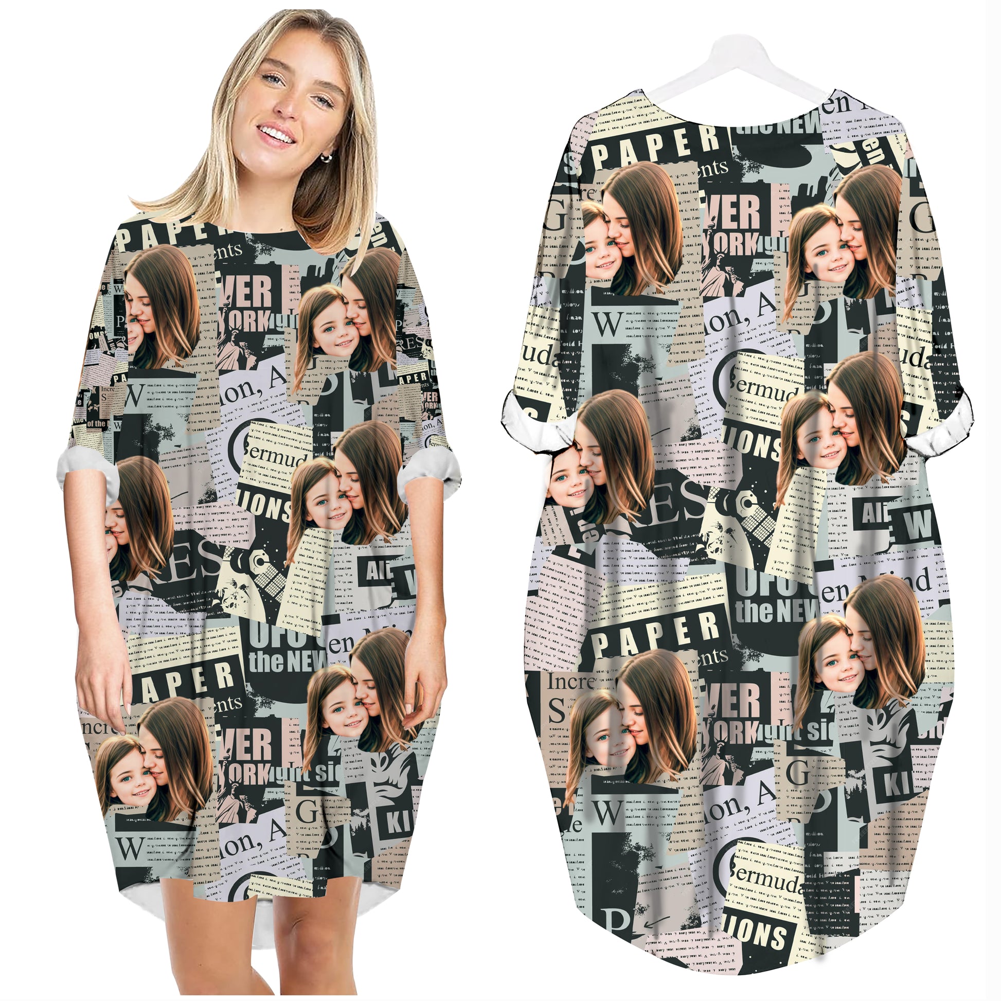 Custom Face Funny Photo For Mum And Daughter - Personalized Batwing Pocket Dress