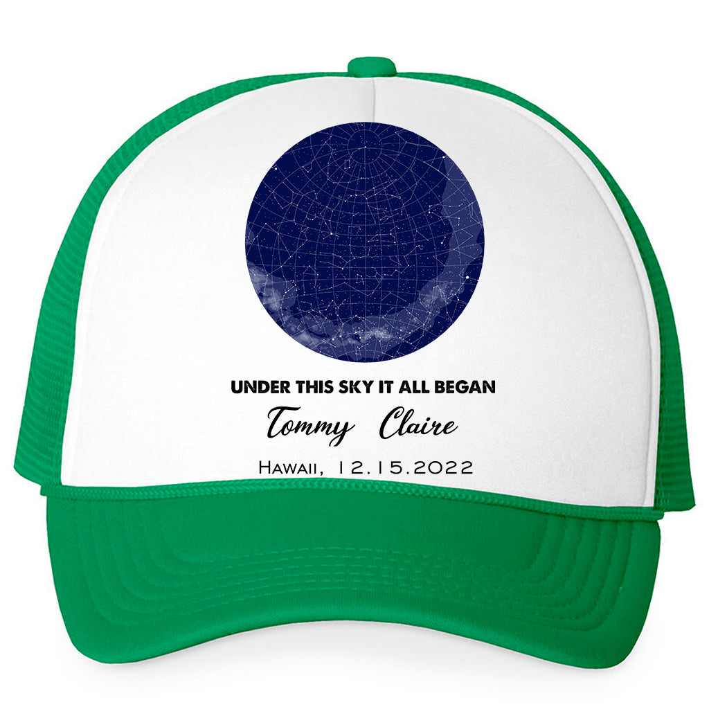 Under This Sky It All Began - Personalized Trucker Cap For Couples - Valentine's Day Gifts