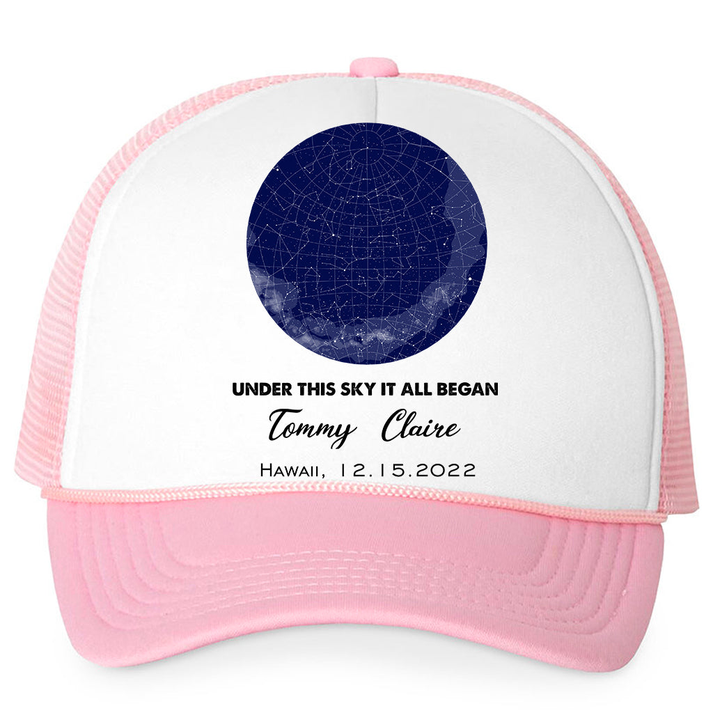 Under This Sky It All Began - Personalized Trucker Cap For Couples - Valentine's Day Gifts