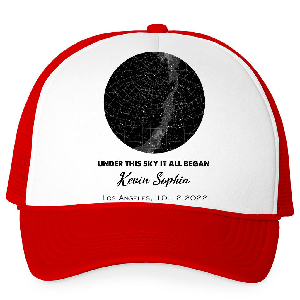 Under This Sky It All Began - Personalized Trucker Cap For Couples - Valentine's Day Gifts