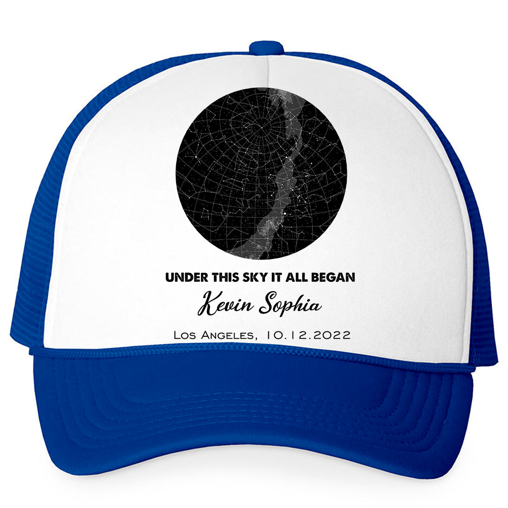 Under This Sky It All Began - Personalized Trucker Cap For Couples - Valentine's Day Gifts