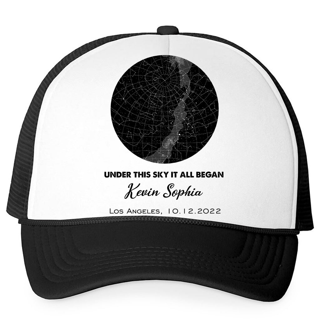 Under This Sky It All Began - Personalized Trucker Cap For Couples - Valentine's Day Gifts