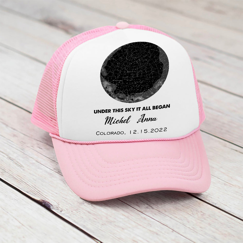 Under This Sky It All Began - Personalized Trucker Cap For Couples - Valentine's Day Gifts