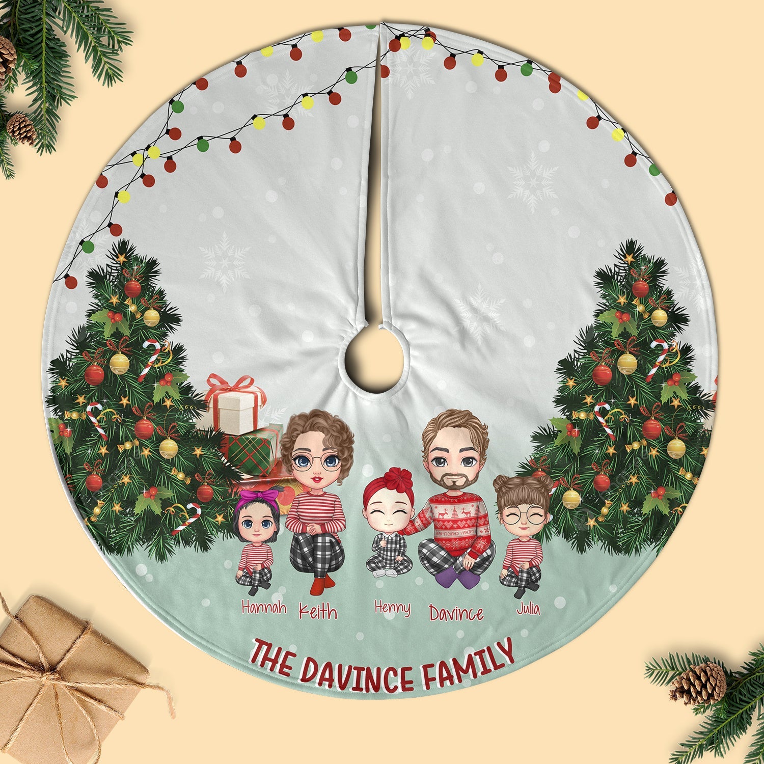 Family Gather Next To X-mas Tree Personalized Christmas Tree Skirt